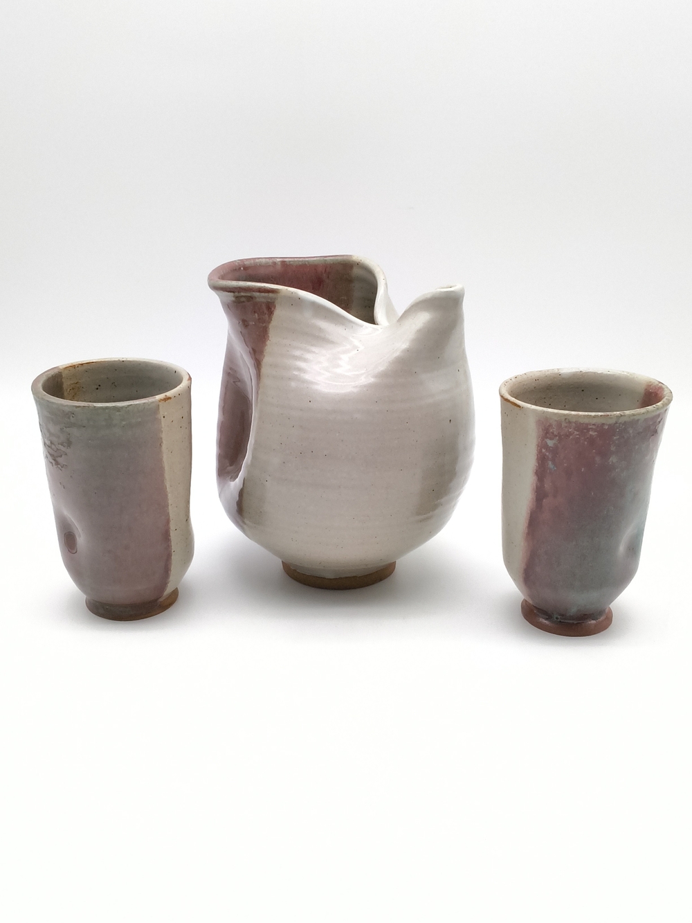 Studio Pottery Ice Lip Water Pitcher & 2  - Signed Stoneware